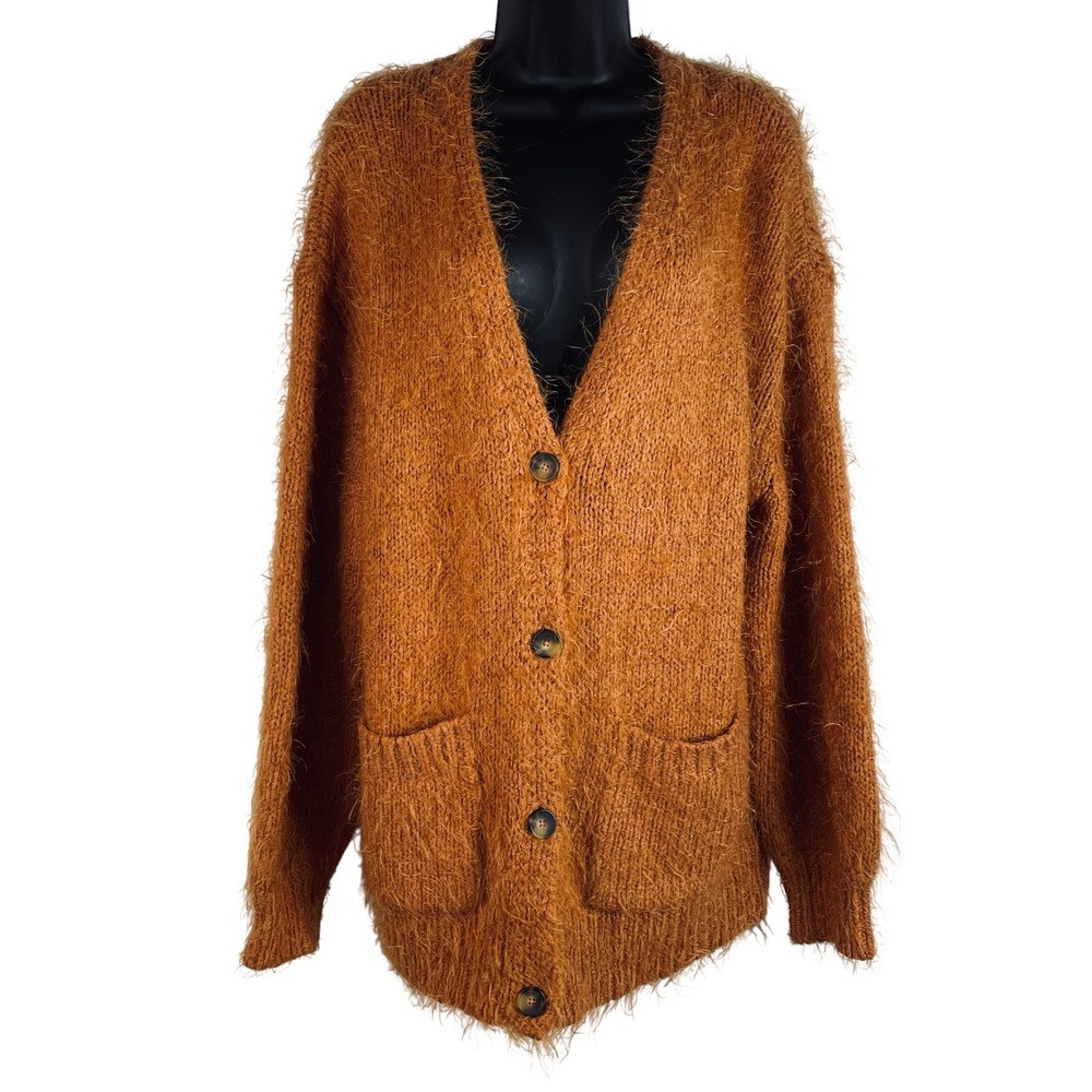 Free People Nevermind Sm Orange Shaggy Knit Button Front Sweater Oversized READ - Picture 2 of 16